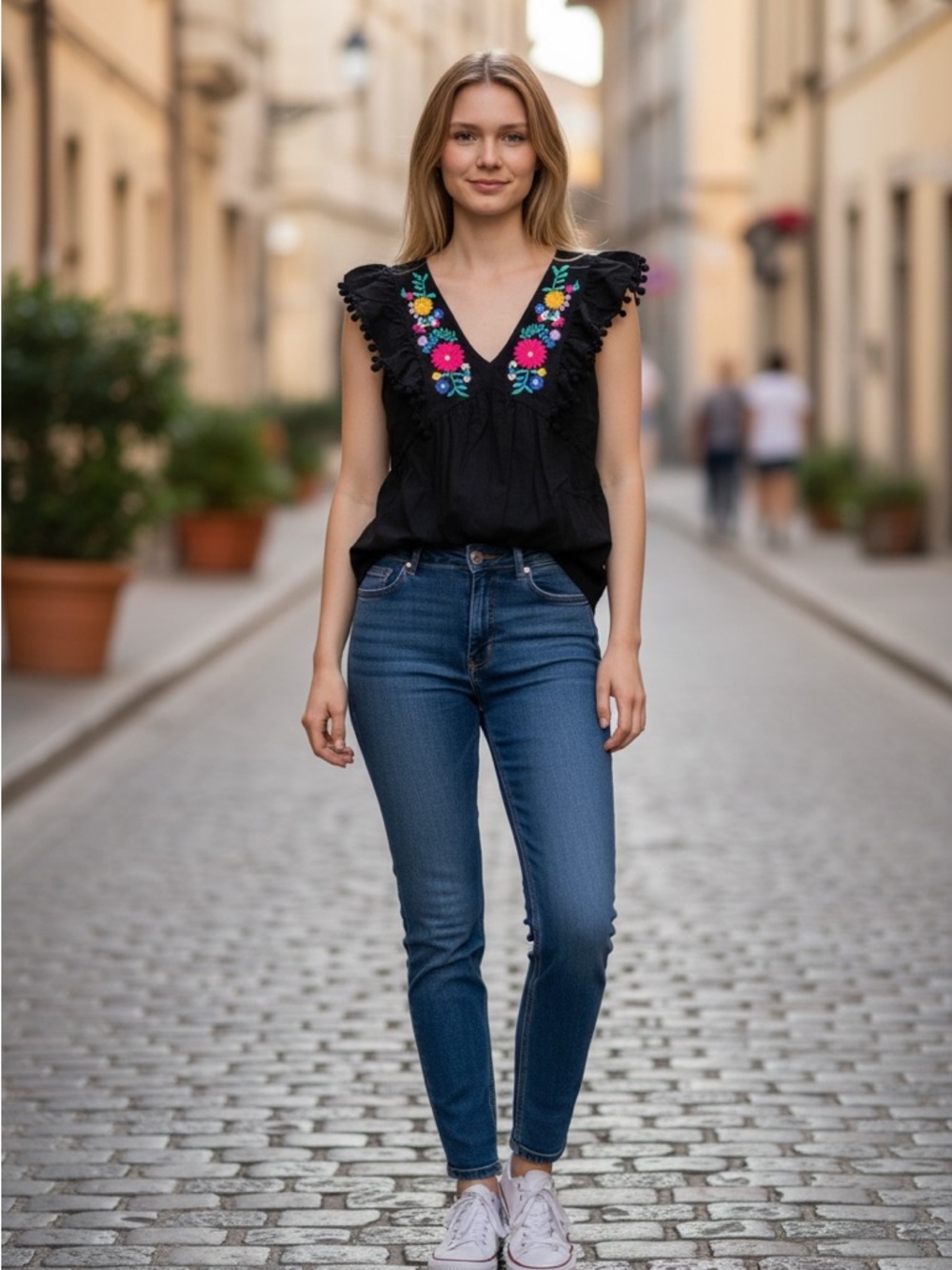 Umgee Black Embroidered Floral V-Neck Pom-Pom Sleeve Top